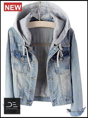 Drawstring Hooded Denim Jacket with Detachable Hoodie 2-in-1